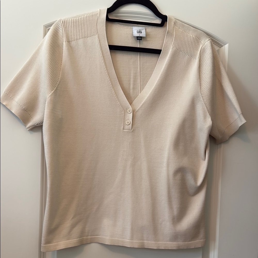CAbi Cream Fitted Buttoned Short Sleeve T-Shirt